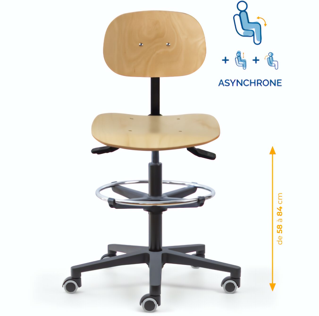 Chaise atelier bois, Chaise d'atelier en bois, chaise atelier en bois ergonomique, chaise atelier asynchrone en bois, chaise d'atelier professionnel, mobilier de bureau, Besançon